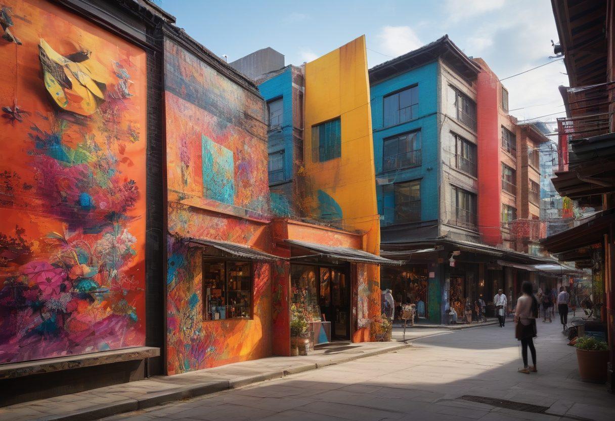 A vibrant fusion of traditional Asian art forms like calligraphy, origami, and pottery seamlessly blended with contemporary urban elements such as street art, digital installations, and modern architecture. Incorporate diverse figures of artists engaging in both traditional and modern techniques with an energetic cityscape in the background. Use bright colors and dynamic compositions to reflect the evolution of art. abstract expressionism. vivid colors. 3D.