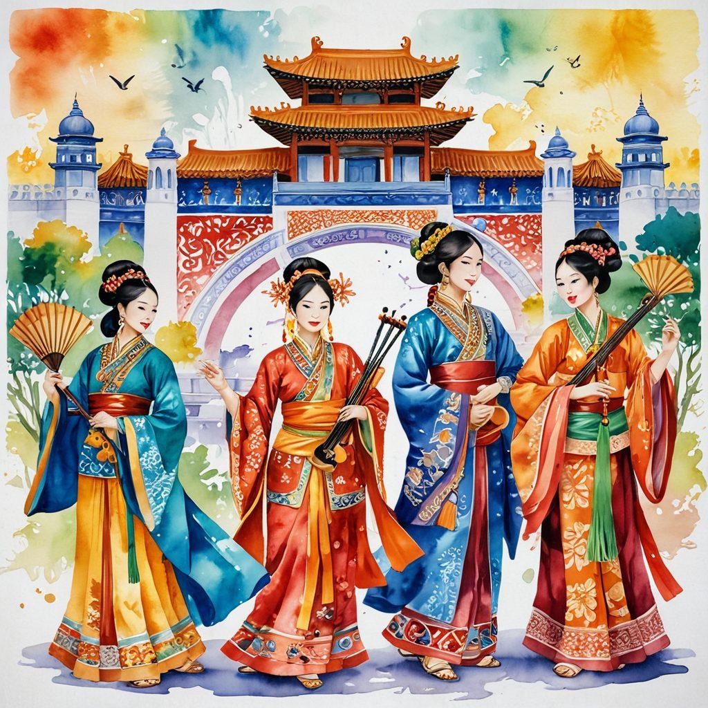 A vibrant tapestry illustrating various Asian cultural elements, such as traditional clothing, festival scenes, and artistic crafts, woven together in a harmonious blend. Central figures representing diverse communities celebrate creativity with joyful expressions and traditional instruments. Background features iconic landmarks from across Asia, symbolizing rich heritage and unity. The colors should be bold and eye-catching to reflect the vibrancy of culture. watercolor style. vibrant colors. intricate details.
