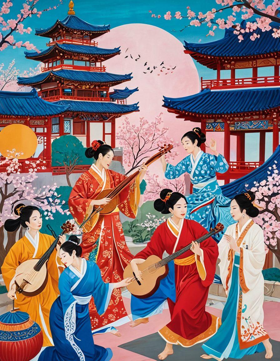 A vibrant collage showcasing diverse Asian individuals engaged in various artistic pursuits—painting, music, dance, and writing—set against a colorful backdrop of traditional and modern Asian architecture. The scene should radiate joy and unity, with intertwining patterns symbolizing cultural richness and creativity. Include elements representing different Asian heritages to enhance the theme of diversity. super-realistic. vibrant colors. dynamic composition.